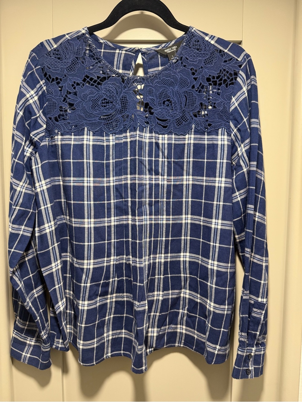 Simply Vera Wang Navy Plaid Lace Yoke Long-Sleeve Top